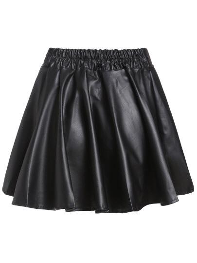 Black Faux Leather Elastic Waist Flare Skirt