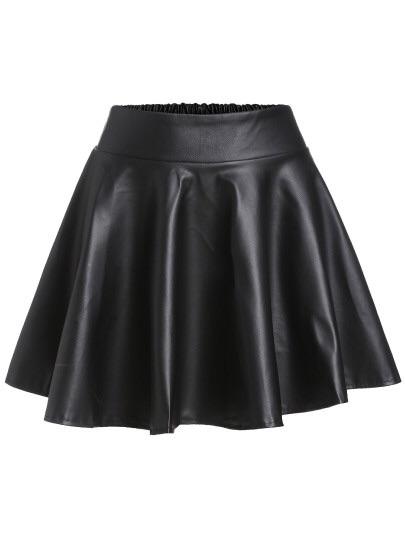 Black Faux Leather Elastic Waist Flare Skirt
