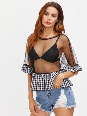 Gingham Ruffle Trim Tulle Top