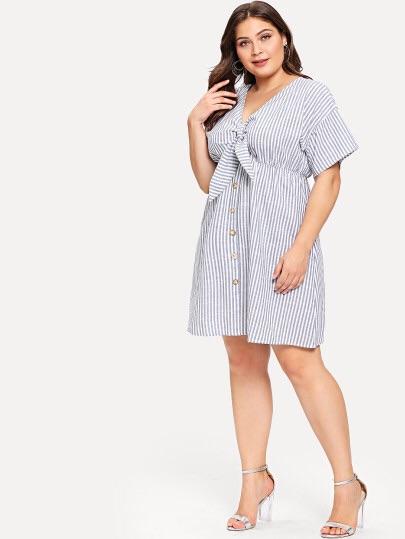 Plus Size Striped Single Breasted Cut Out Knot Front Dress
