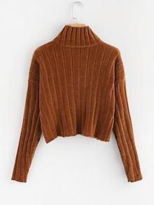 High Neck Raw Hem Crop Sweater