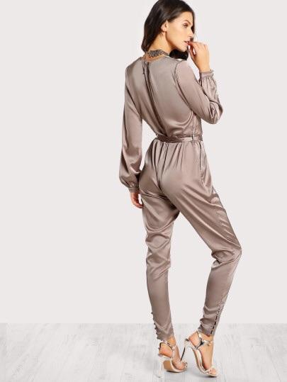 Shawl Collar Wrap And Tie Satin Jumpsuit